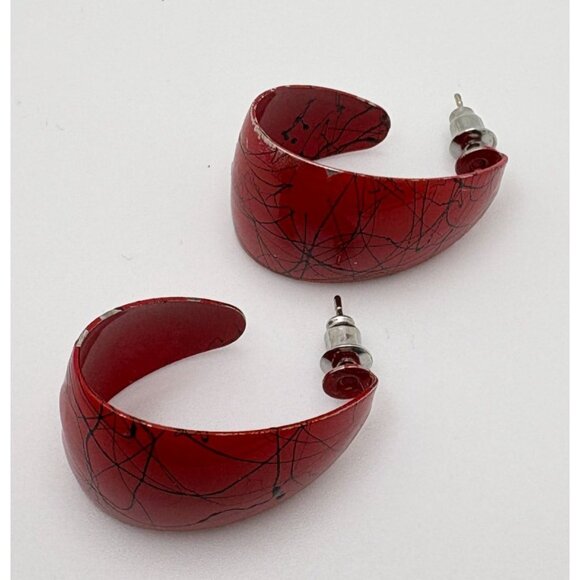 Vintage 80s Red Hoop Earrings Grafitti Abstract Design Chunky Bold - Picture 2 of 7